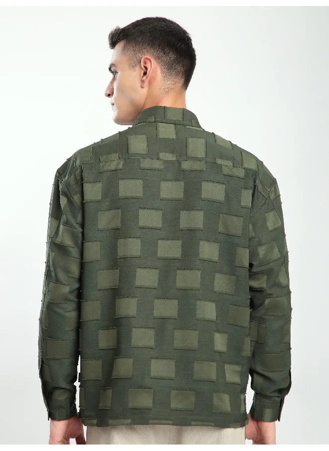 Beyoung Olive Fur Geometric Textured Shirt