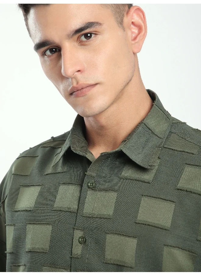 بيونغ Olive Fur Geometric Textured Shirt