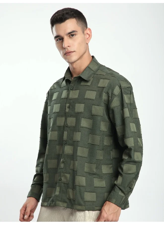 Beyoung Olive Fur Geometric Textured Shirt