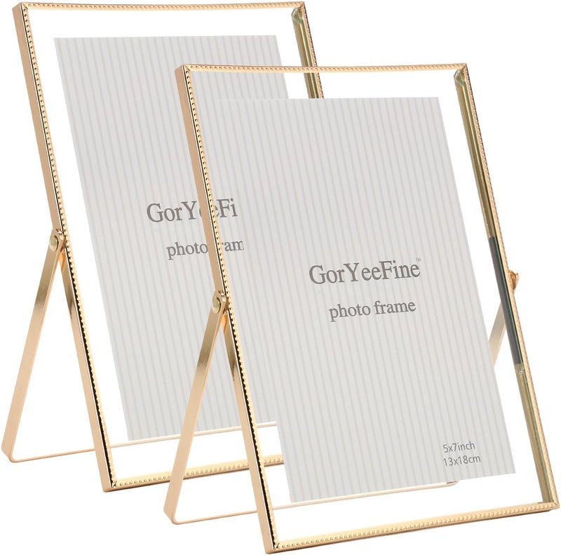 GorYeeFine مجموعة إطارين عائمين ذهبيين مقاس 5x7 بوصة، لمقاسات الصور (3.5x5 بوصة، 4x6 بوصة حتى 5x7 بوصة)، إطارات جميلة بحافة معدنية مخرومة قابلة للتعديل على الطاولة/الرف، خيار هدية أنيقة للزفاف. - Image 1