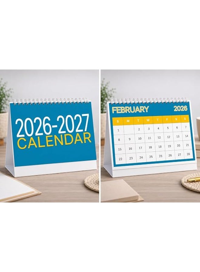 Desk Calendar July 2026 - June 2027, Blue, Wire Ring Table Calendar, Modern Design in Blue and Yellow