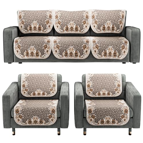 Kuber Industries Set of 10 Quilted Sofa Cover 5-Seater | Comfortable Slipcover Sofa Cloth & Furniture Protector for Home Decor | Ultra Sonic FlowerBorder- Golden - Image 1