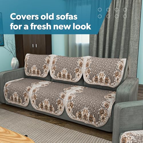 Kuber Industries Set of 10 Quilted Sofa Cover 5-Seater | Comfortable Slipcover Sofa Cloth & Furniture Protector for Home Decor | Ultra Sonic FlowerBorder- Golden - Image 5