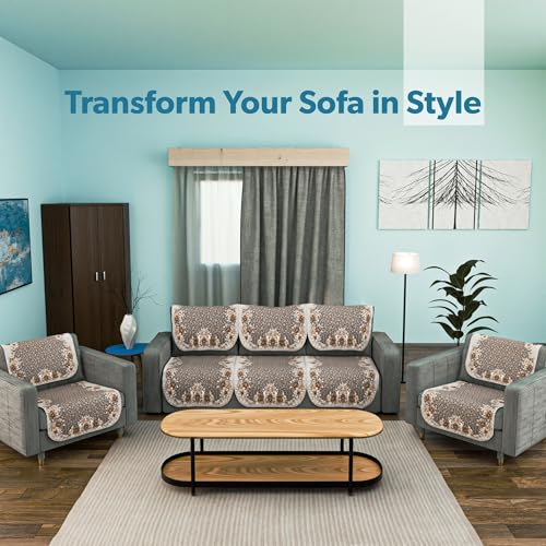 Kuber Industries Set of 10 Quilted Sofa Cover 5-Seater | Comfortable Slipcover Sofa Cloth & Furniture Protector for Home Decor | Ultra Sonic FlowerBorder- Golden - Image 2