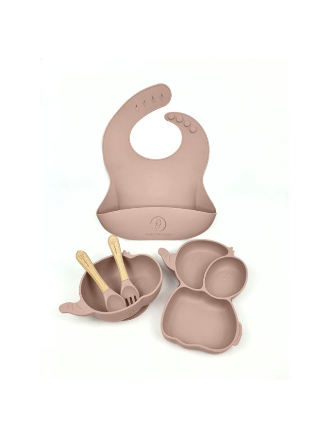Oasis of Treasures – (5 Pieces) Premium Silicone Baby Feeding Set, Baby Led Weaning (Elephant, Rose Pink)