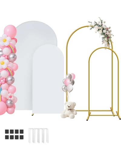 HEMMOTOP Metal Arch Backdrop Stand and Cover Set of 2 (7.2 ft/6 ft, White), Wedding Arch Backdrop Stand with White Cover for Party Birthday, Wedding, Bridal Shower, Baby Shower, Festival, Proposal, Anniversary - Image 1