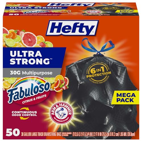 Hefty Ultra Strong 30 Gallon Trash Bags, Large Trash Bags 30 Gallon Size, Multipurpose, Break Resistant Drawstring Closure, Resists Leaks, Punctures, and Tears, Black, Fabuloso Scent, 50 Bags - Image 1