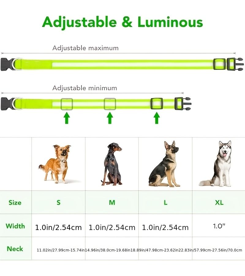 Fluorescent Green USB Rechargeable LED Dog Collar Extra Long Battery 3 Modes Adjustable - Image 2