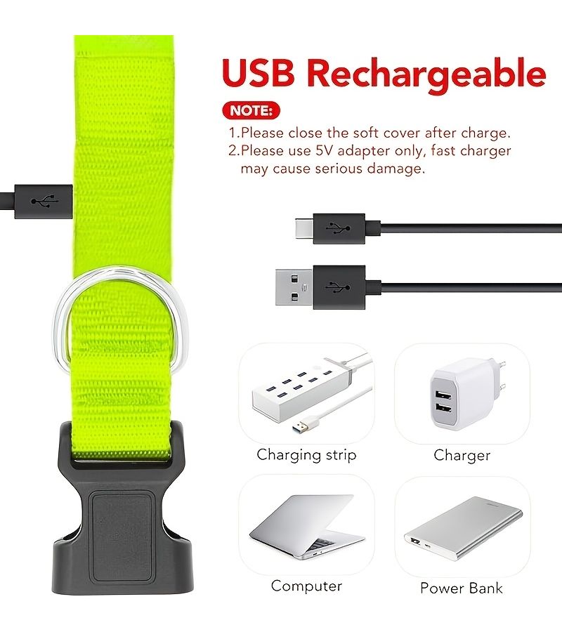 Fluorescent Green USB Rechargeable LED Dog Collar Extra Long Battery 3 Modes Adjustable - Image 3