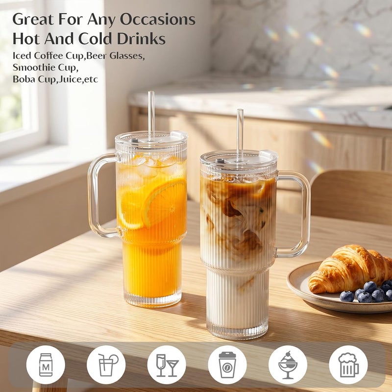 INSETLAN 24oz Ribbed Glass Tumbler with Handle & Lid – 4-Pack Large Iced Coffee Cups with Straws, Modern Glass Mug for Cold & Hot Beverages, Aesthetic Travel Cup for Smoothies, Tea, and Juice - Image 5