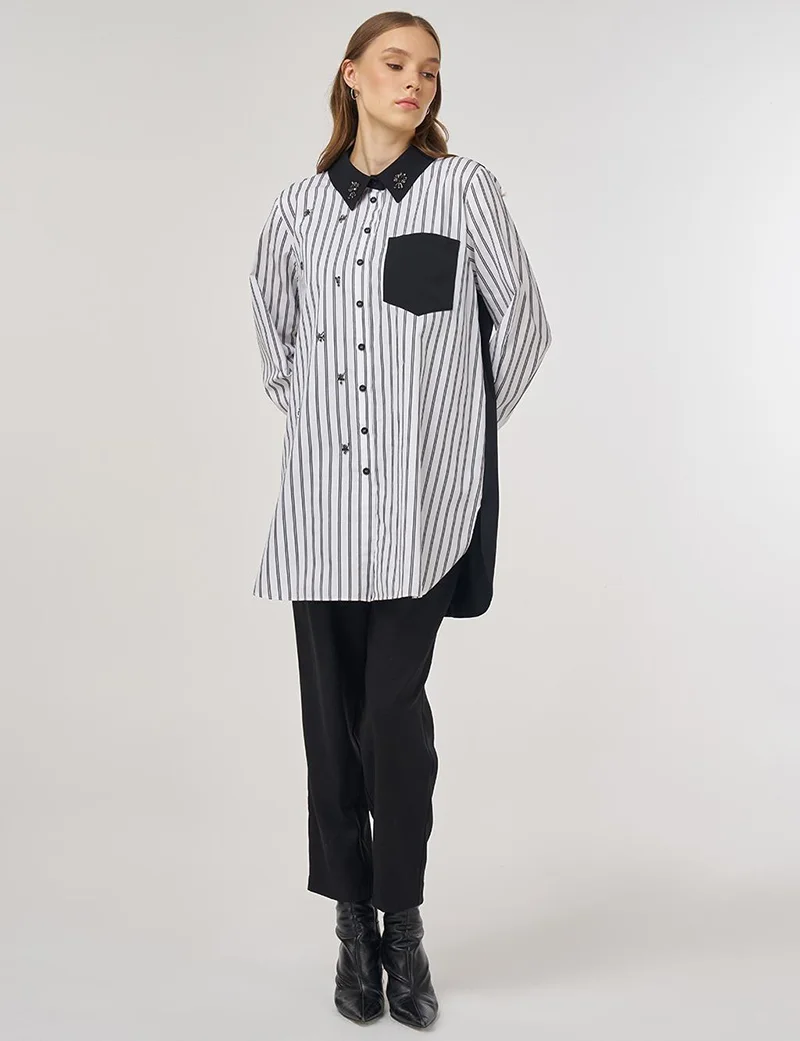 Kayra Stone-Embellished Collar Cotton Tunic Black