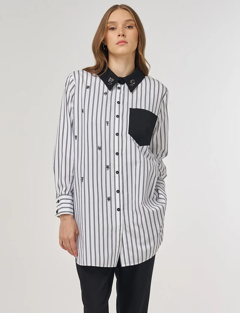 Kayra Stone-Embellished Collar Cotton Tunic Black