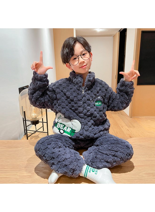 Autumn And Winter Flannel Lapel Boys' Pajamas Fleece-lined Buttons Coral Velvet Thickeneded Kidsren's Home Clothes Cartoon Suit