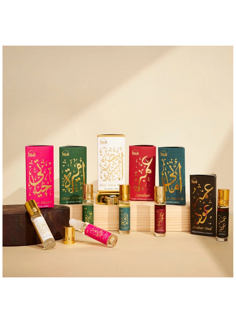 Dukhni Attar Oil Set-Amaani, Ameerah, Hayati, Ambar, Ambar Oud, White Musk - 6ml each - Image 1