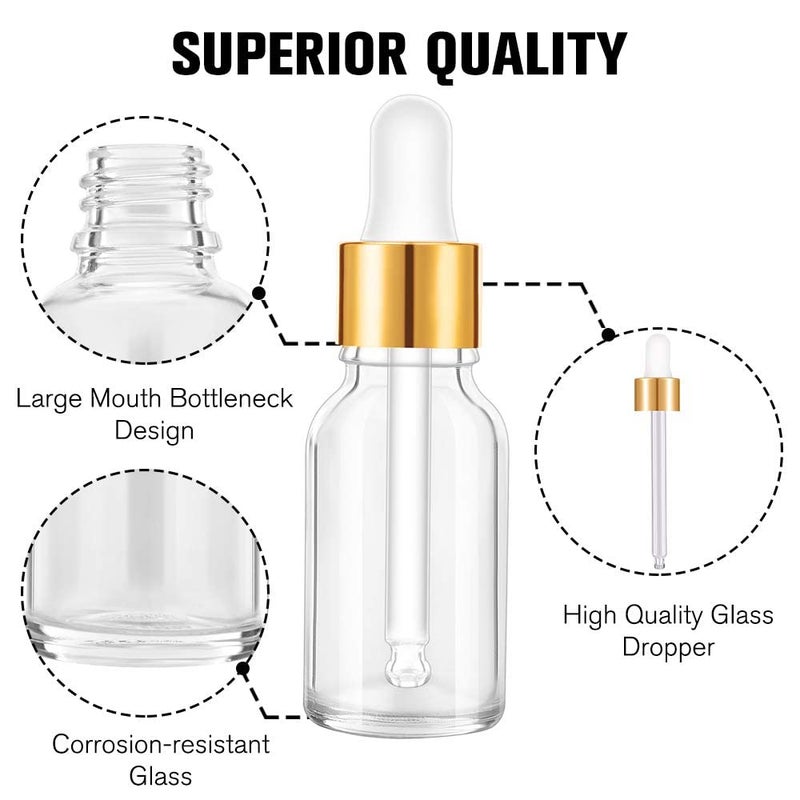 PrettyCare Glass Eye Dropper Bottles 24 Pack, 0.5oz (15ml) Clear Empty Thick Bottles Bulk with Leakproof Golden Caps - With Labels & Funnels for Storage, Travel, Essential Oils, Cuticle, Tinctures - Image 4