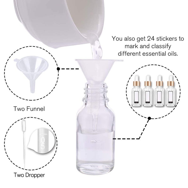 PrettyCare Glass Eye Dropper Bottles 24 Pack, 0.5oz (15ml) Clear Empty Thick Bottles Bulk with Leakproof Golden Caps - With Labels & Funnels for Storage, Travel, Essential Oils, Cuticle, Tinctures - Image 3