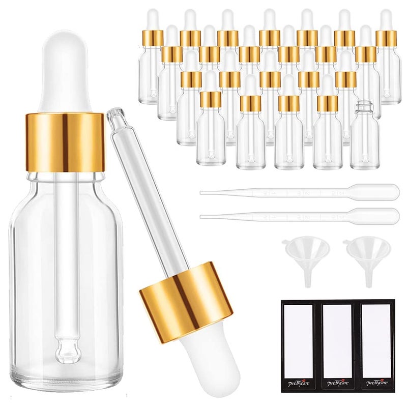 PrettyCare Glass Eye Dropper Bottles 24 Pack, 0.5oz (15ml) Clear Empty Thick Bottles Bulk with Leakproof Golden Caps - With Labels & Funnels for Storage, Travel, Essential Oils, Cuticle, Tinctures - Image 1