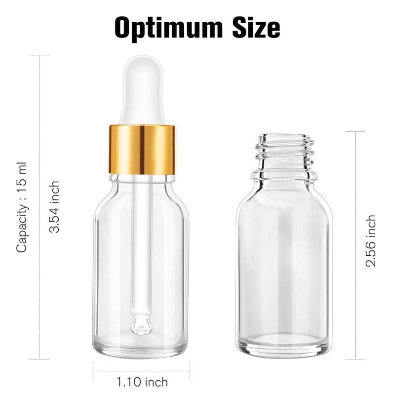 PrettyCare Glass Eye Dropper Bottles 24 Pack, 0.5oz (15ml) Clear Empty Thick Bottles Bulk with Leakproof Golden Caps - With Labels & Funnels for Storage, Travel, Essential Oils, Cuticle, Tinctures - Image 2