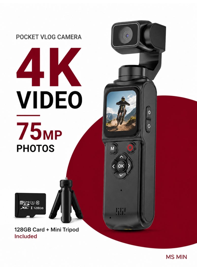 1 طابق سرداب كاميرا فلوق جيب بدقة 4K مع تثبيت جيمبال، تتبع الوجه 330 درجة، تتضمن بطاقة 128 جيجابايت وحامل ثلاثي صغير - Image 1