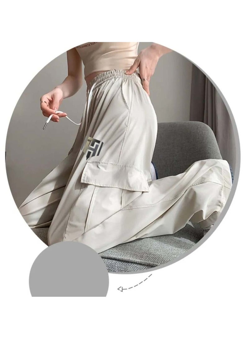 Huitich Women's Ice Silk Wide-Leg Pants High Waist, Loose Fit, Light Grey Size M - Image 3