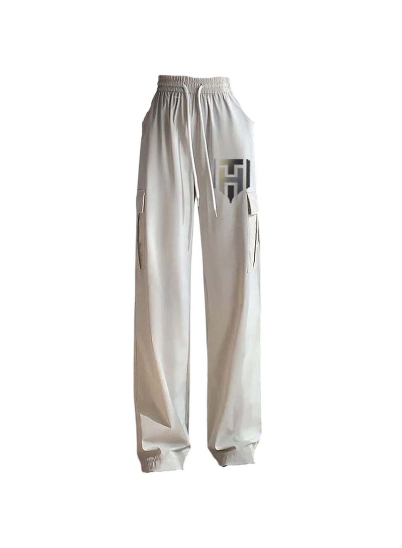 Huitich Women's Ice Silk Wide-Leg Pants High Waist, Loose Fit, Light Grey Size M - Image 1