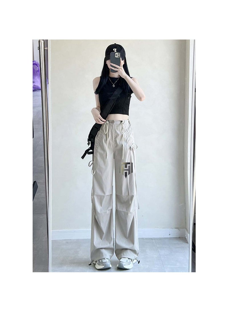 Huitich Women's Ice Silk Wide-Leg Pants High Waist, Loose Fit, Light Grey Size M - Image 4