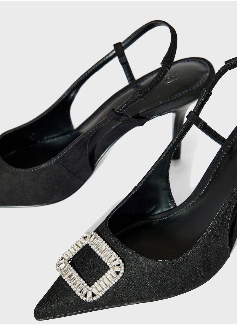 Embellished Buckle Sling Court Pumps
