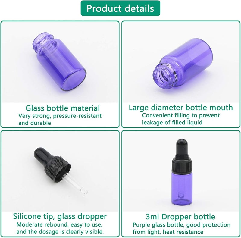 Rowiz 30 PCS 3ml Purple Glass Dropper Bottles with Pipettes Dropper&Black Screw Cap,Glass Essential Oil Bottles Eye Dropper Vials Perfume Cosmetic Liquid Aromatherapy Lotion Sample Bottles - Image 5