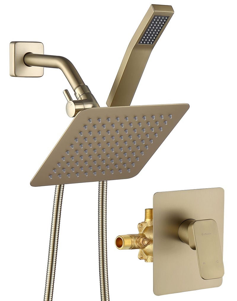 G-Promise All Metal Shower Faucet Set Dual Square Shower Head System with Handheld Wand Diverter Hose Complete Combo Pressure Balance Roughin Valve Included