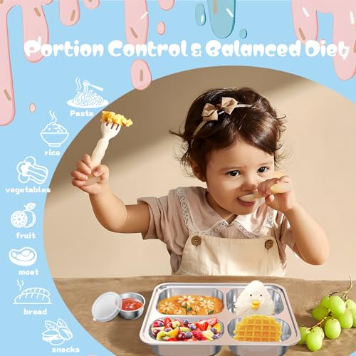 Bakpoco Stainless Steel Divided Plate for Kids Toddler, Non Toxic Portion Control Plate Dinner Plate with Lid for Adults Weight Loss, 4 Pack 4 Sections Rectangular Snack Plate Tray - Image 3