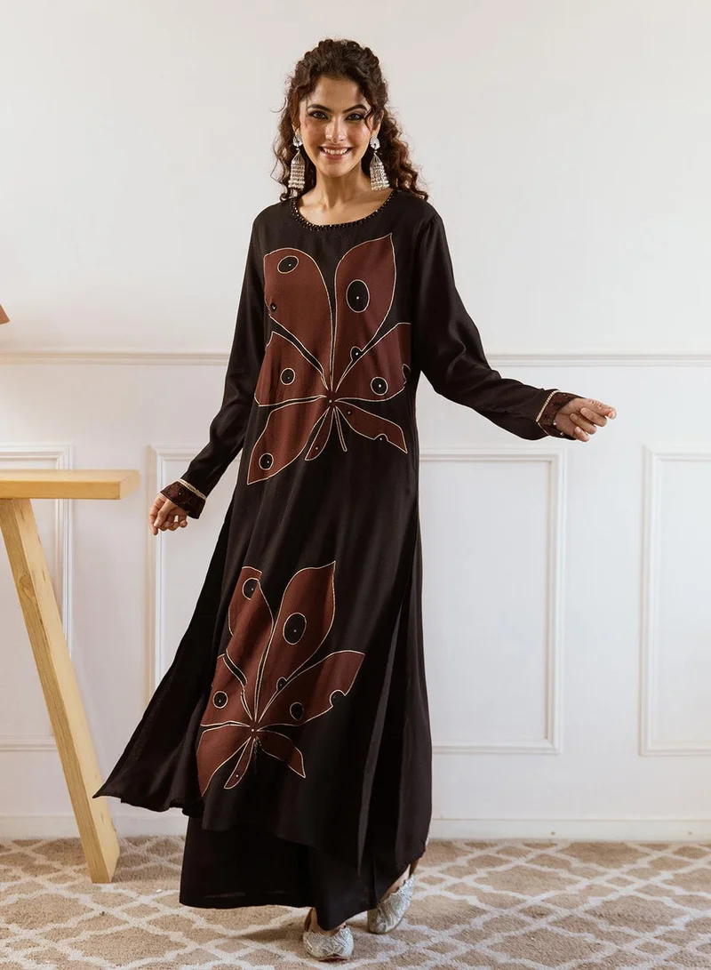 ISHIN Women's Black 100% Cotton Printed Straight Fit Kurta Set