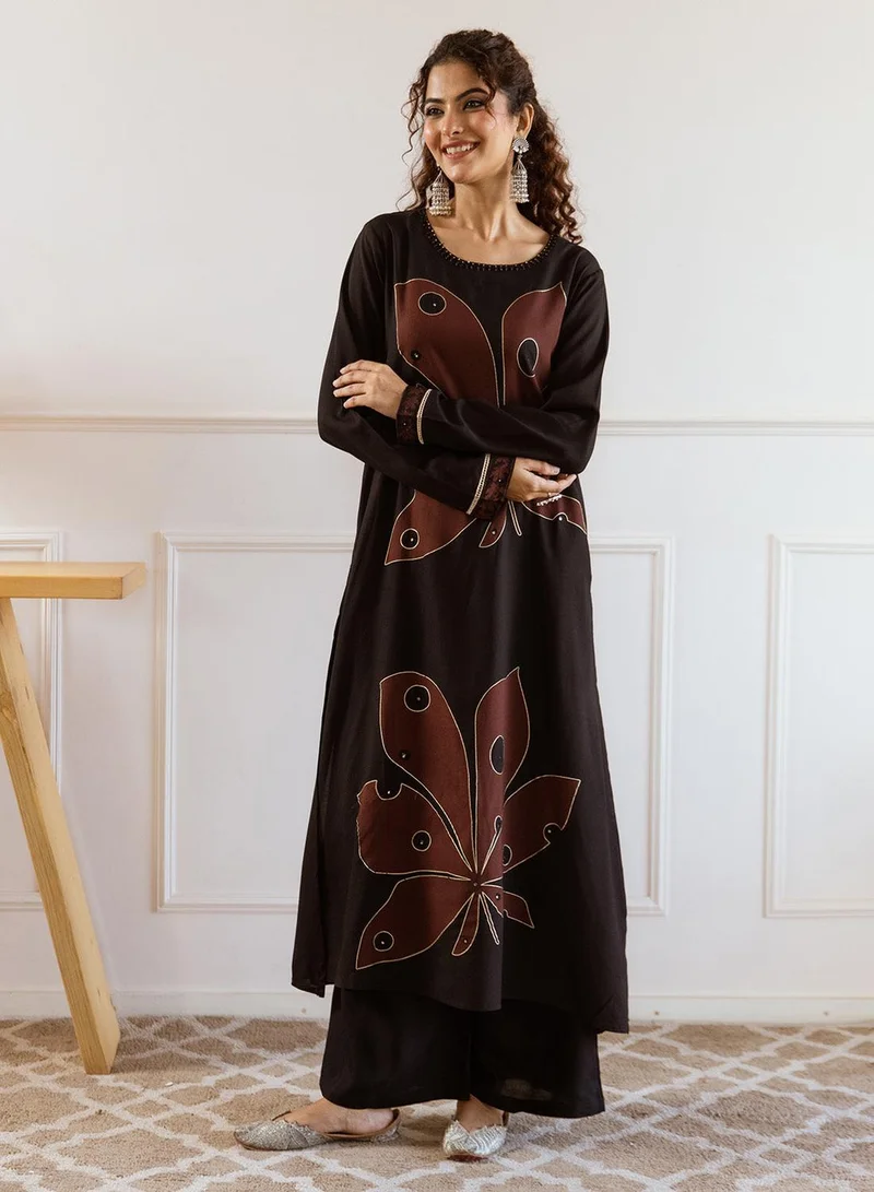 ISHIN Women's Black 100% Cotton Printed Straight Fit Kurta Set