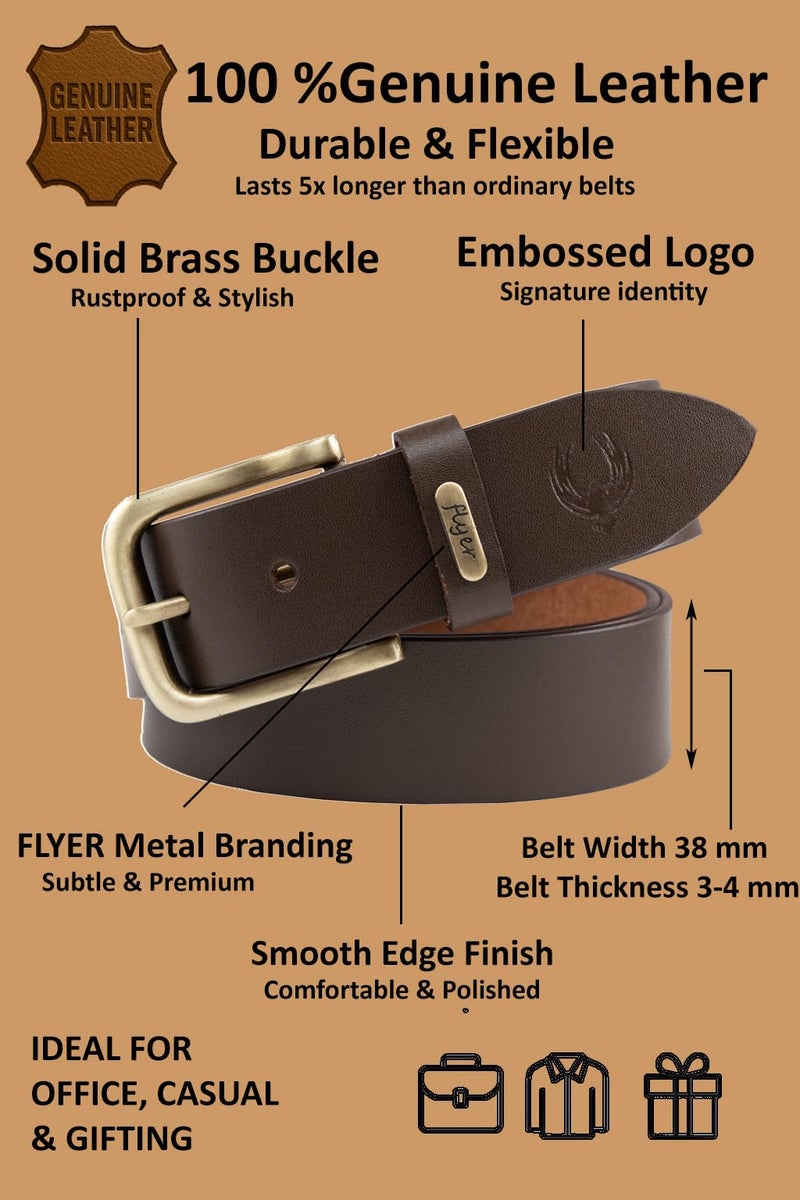 Flyer Men's leather belt (Formal/Casual) (Colour - Brown) Buckle Adjustable Size Genuine Leather (BR908-46) - Image 4