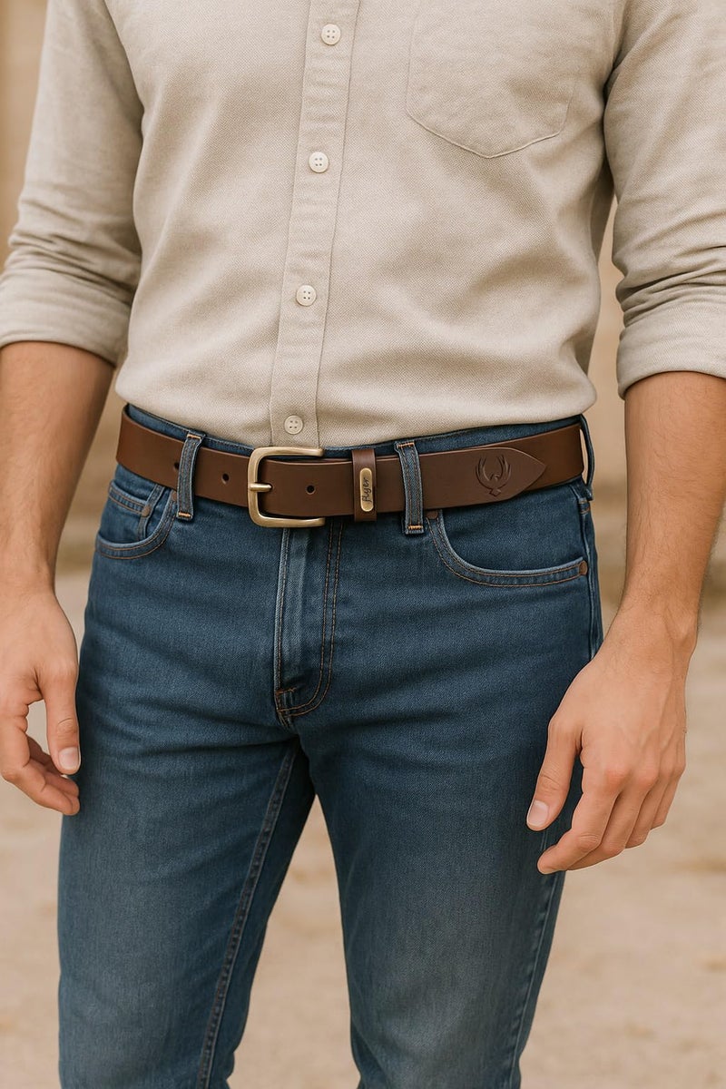 Flyer Men's leather belt (Formal/Casual) (Colour - Brown) Buckle Adjustable Size Genuine Leather (BR908-46) - Image 2