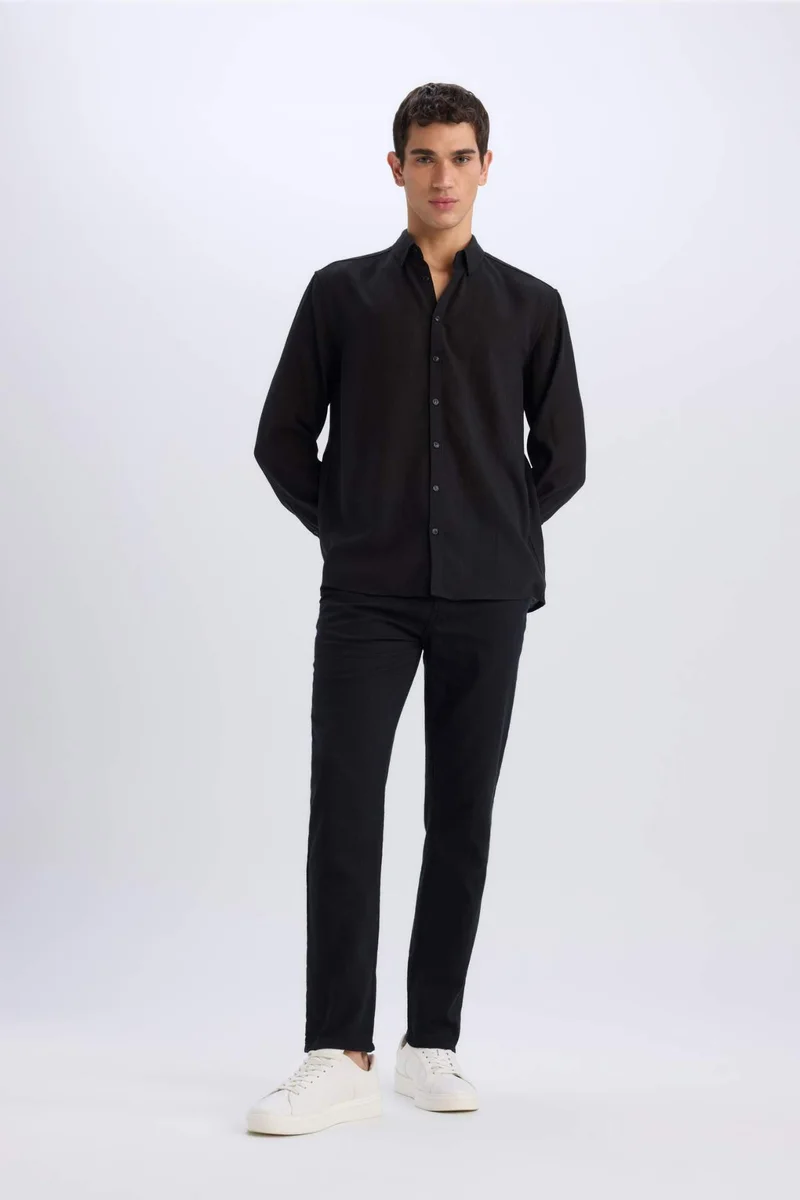 DeFacto Regular Fit Polo Neck Linen Look Shirt