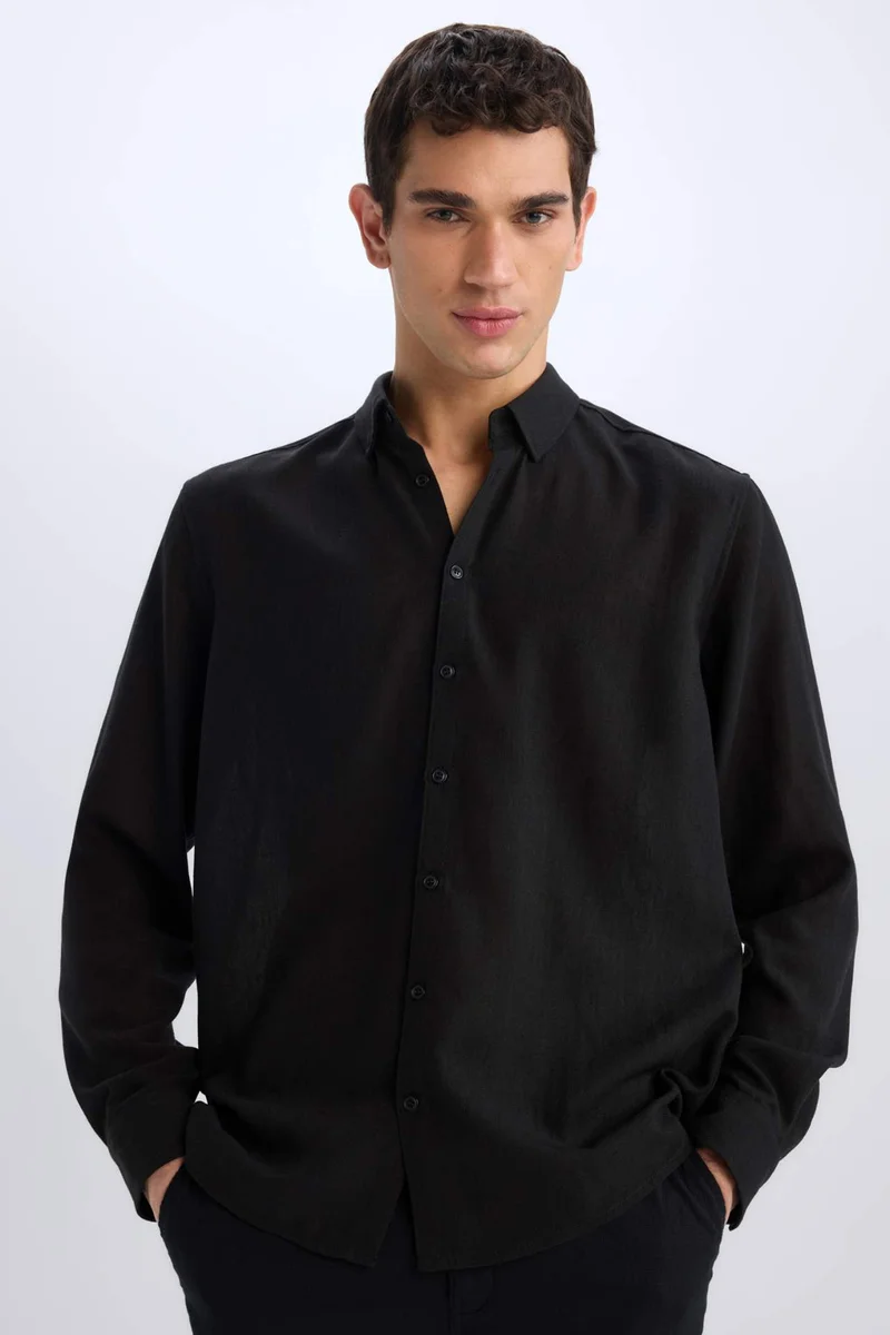 DeFacto Regular Fit Polo Neck Linen Look Shirt