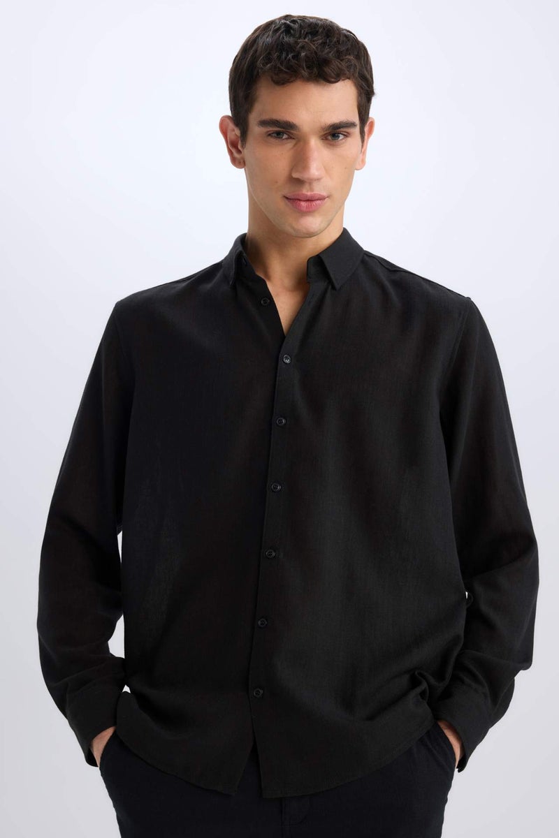 DeFacto Regular Fit Polo Neck Linen Look Shirt - Image 1