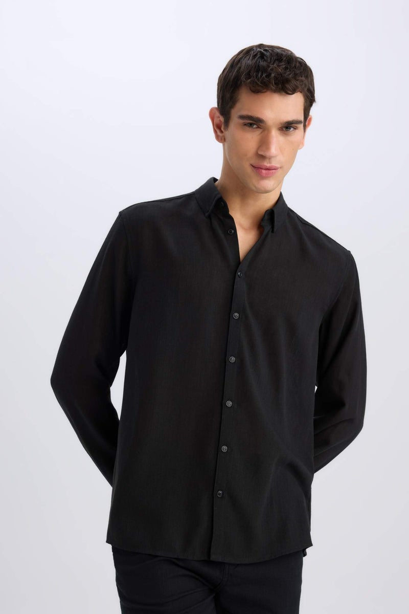 DeFacto Regular Fit Polo Neck Linen Look Shirt - Image 3