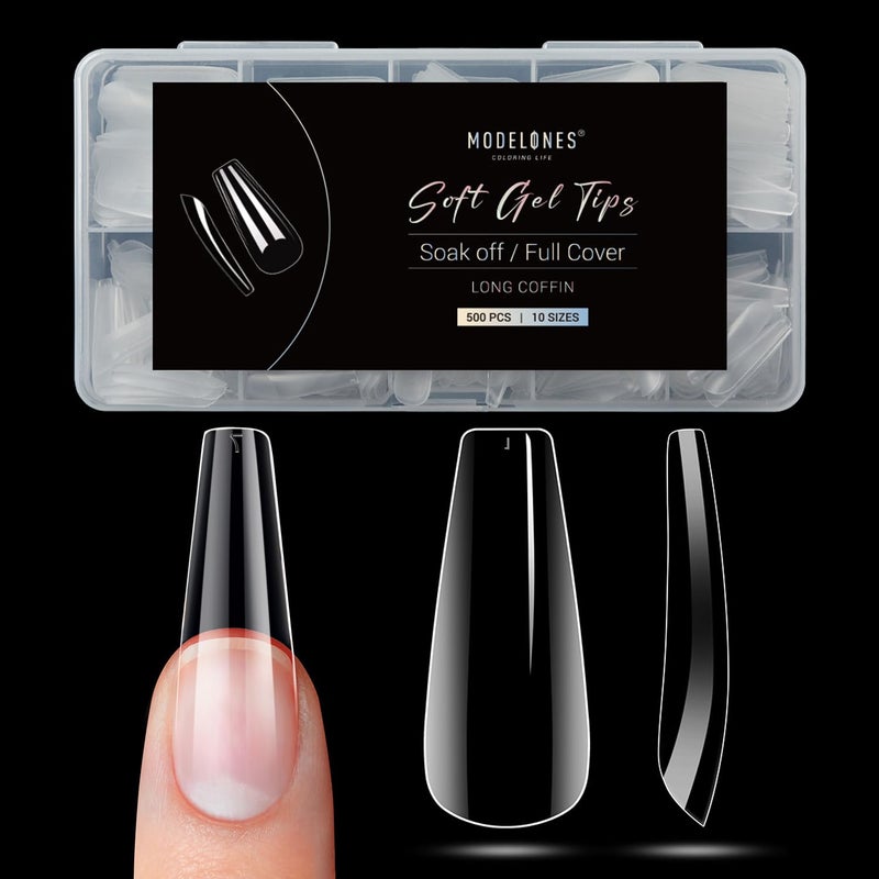 Modelones Long Coffin Nail Tips - 500Pcs Fake Nails Gel Clear Soft Acrylic Press on Pre-shape Full Cover Gel Extension Home DIY Salon Art Design 10 Sizes - Image 1