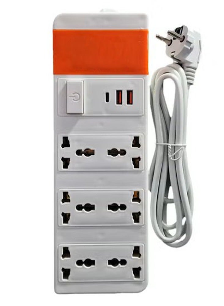 ELMAGHRABY Power Strip 6-Outlet Universal International Socket 2 USB Charger conversion socket and 1 type-c , Strong and flexible cord for powering electrical appliances , 2500W , 220V capacity , Practical design withstands daily use and powers up to 6 devices at the same time , Ideal for offices, bedrooms, meeting tables, and computers , Durable and resistant ABS plastic material , Stable, non-slip feet high quality - Image 1