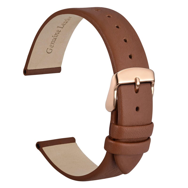 WOCCI 14mm Lug Width, Elegant Watch Band, Genuine Leather Replacement Strap with Rose Gold Buckle (Terracotta Brown) - Image 1