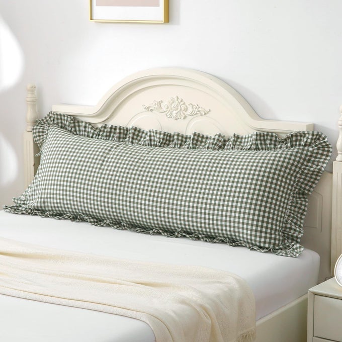 GREENWHITE PLAID RUFFLED BODY PILLOW SHAM WASHED COTTON SHABBY CHECKERED GINGHAM PILLOW COVER 20X54
