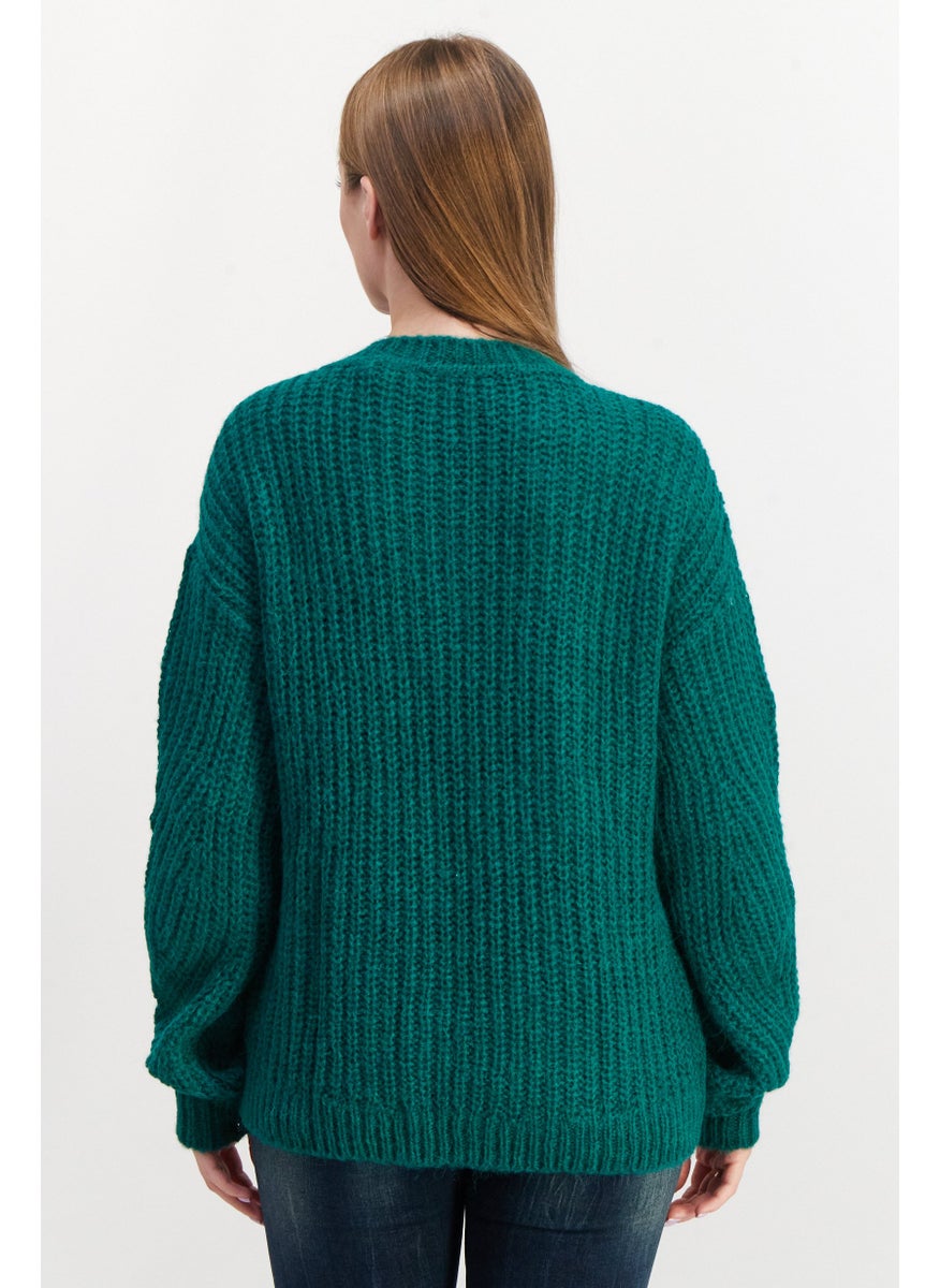ESPRIT - Women Round Neck Textured Sweater, Green - Image 1