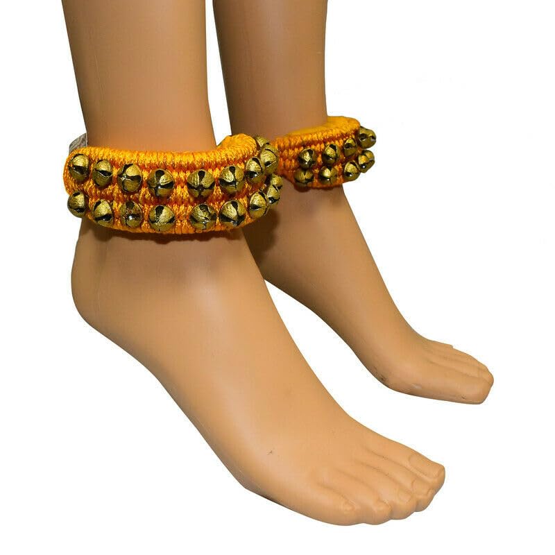 Ghungroo World آلة موسيقية بهاراتناتيام غونغرو باد أصفر (صفين من الأجراس) أساور راقصين كلاسيكيين من الهند - Image 3