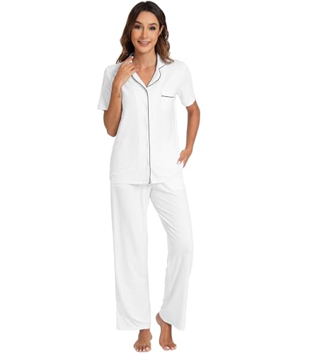 WiWi Womens Viscose from Bamboo Pajamas Set Short Sleeve Tops with Pants Pjs Notch Collar Sleepwear Button Down Pj Sets S-XXL, Pure White, X-Large - Image 1