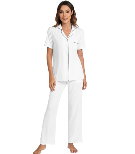 WiWi Womens Viscose from Bamboo Pajamas Set Short Sleeve Tops with Pants Pjs Notch Collar Sleepwear Button Down Pj Sets S-XXL, Pure White, X-Large - Image 4