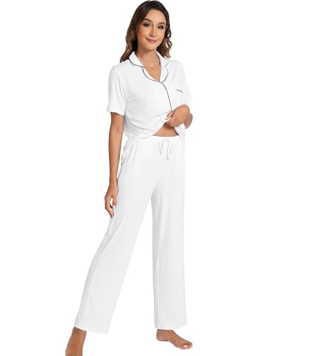 WiWi Womens Viscose from Bamboo Pajamas Set Short Sleeve Tops with Pants Pjs Notch Collar Sleepwear Button Down Pj Sets S-XXL, Pure White, X-Large - Image 3