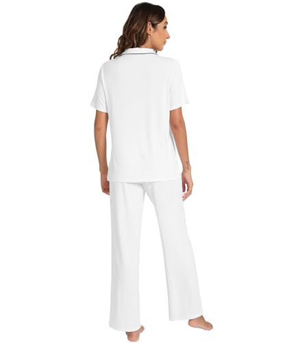 WiWi Womens Viscose from Bamboo Pajamas Set Short Sleeve Tops with Pants Pjs Notch Collar Sleepwear Button Down Pj Sets S-XXL, Pure White, X-Large - Image 2