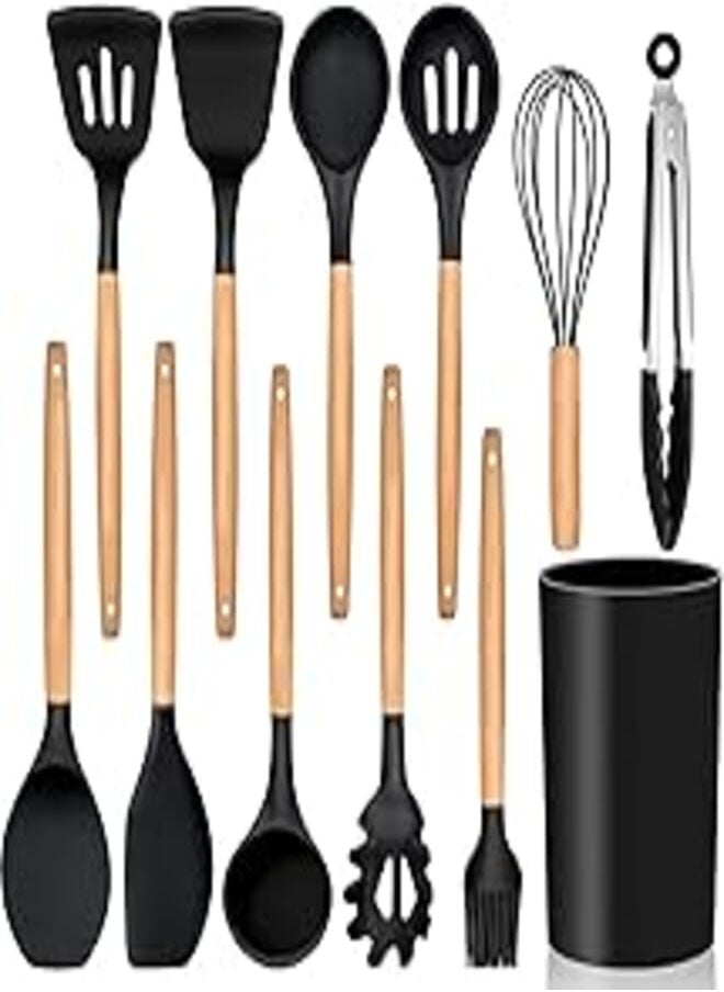 E-far Kitchen Utensils Set of 12, E-far Silicone Cooking Utensils with Holder, Non-stick Cookware Friendly & Heat Resistant, Includes Spatula Tong Whisk Ladle Brush Slotted Turner Spoon(Black) 
