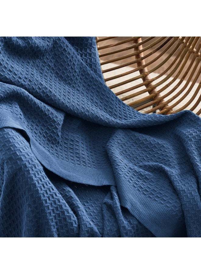 Bedsure Bedsure 100% Cotton Blanket Queen Size for Bed - Breathable and Soft, Waffle Weave Blanket for Summer Spring, Navy, 90x90 Inches  - Image 3